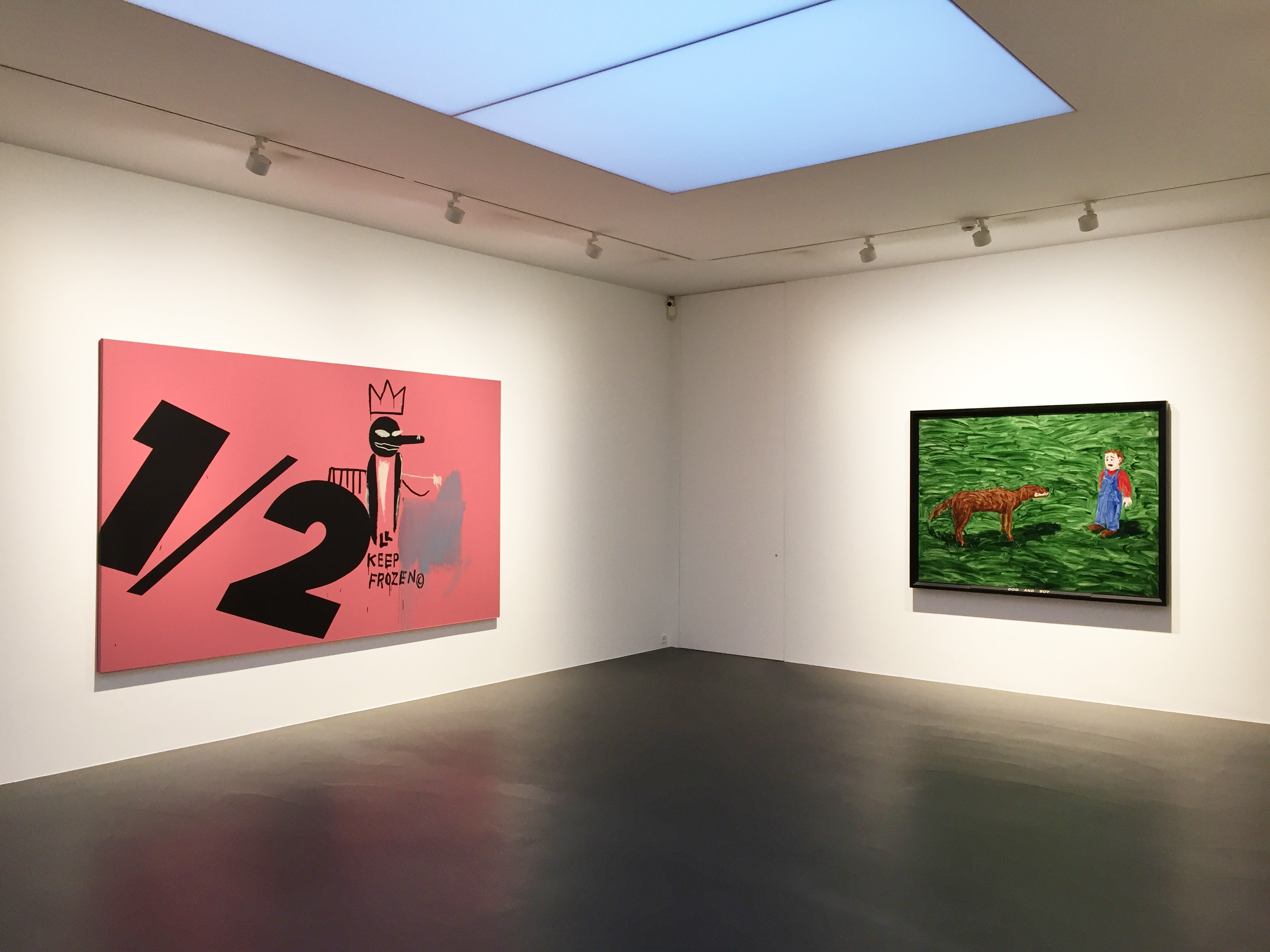 Jean Michel Basquiat & Andy Warhol, *1/2 Keep Frozen*, 1984-1985 and Neil Jenney, *Dog and Boy*, 1969. 
Courtesy Tobias Mueller Modern Art, Zurich
